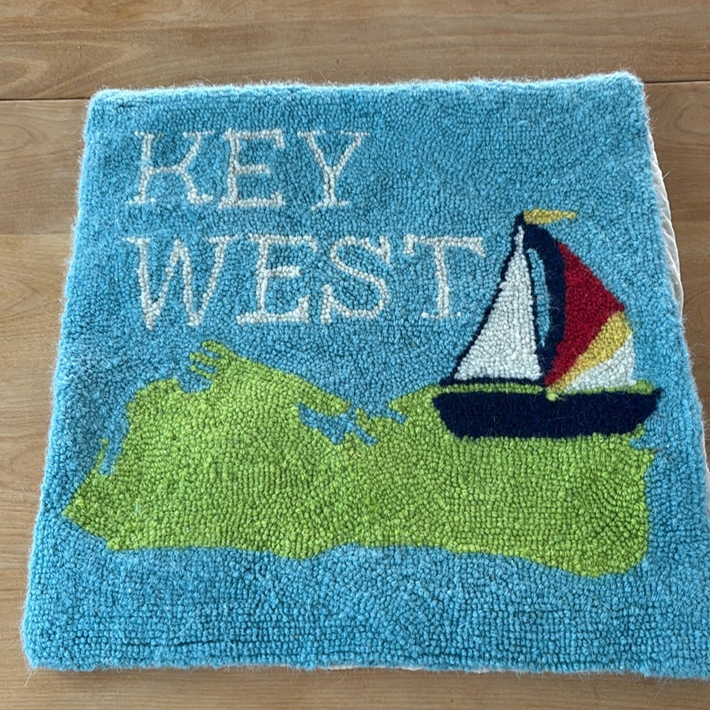 Wool hooked pillow cover “Key West”,cream velveteen 100% cotton backing,17x17.5”